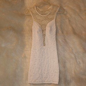 White Ruched and Lace Bodycon Dress